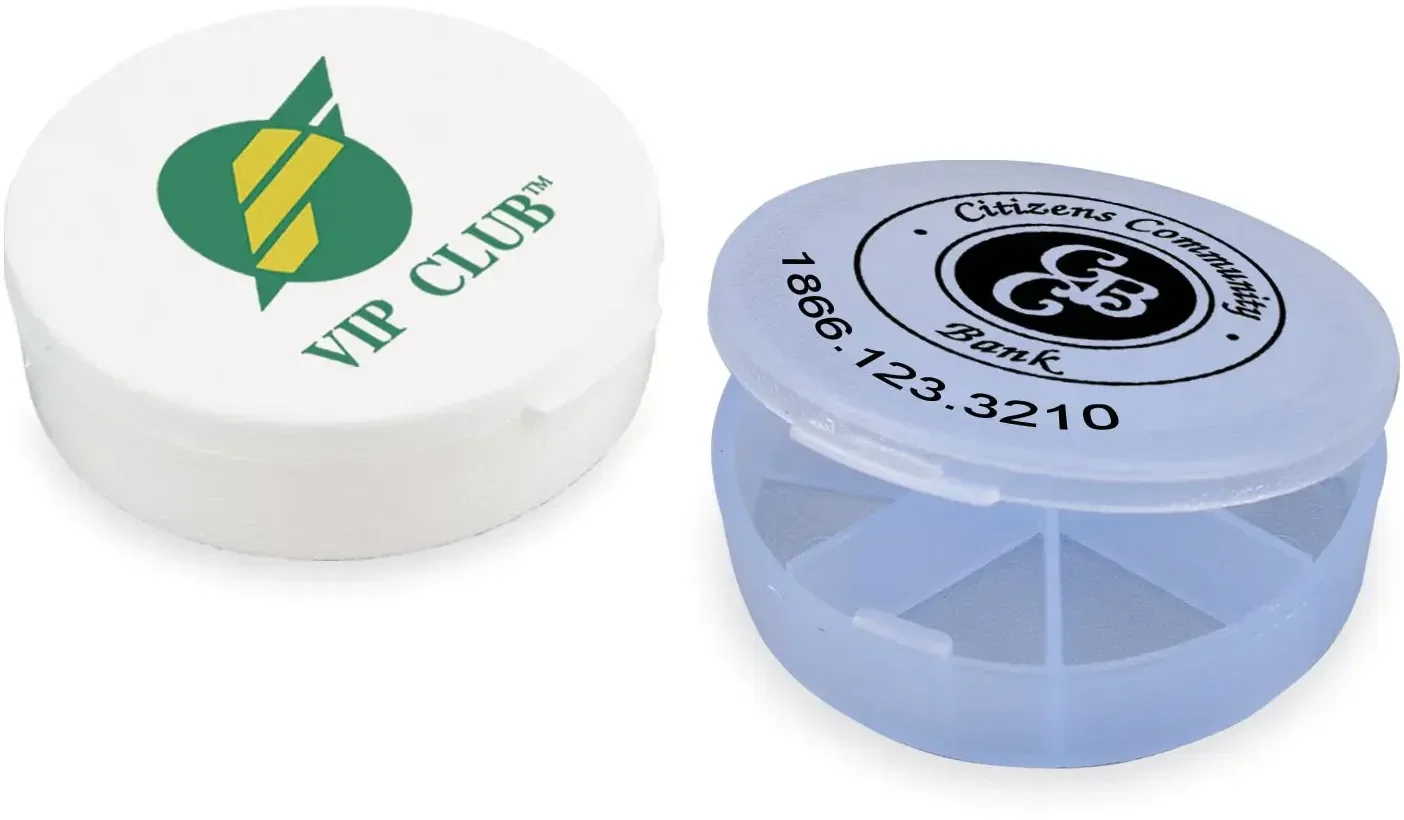 Med-Week Seven-Compartment Pill Box. Round 7-compartment polypropylene pill box for weekly medication organization, view 4