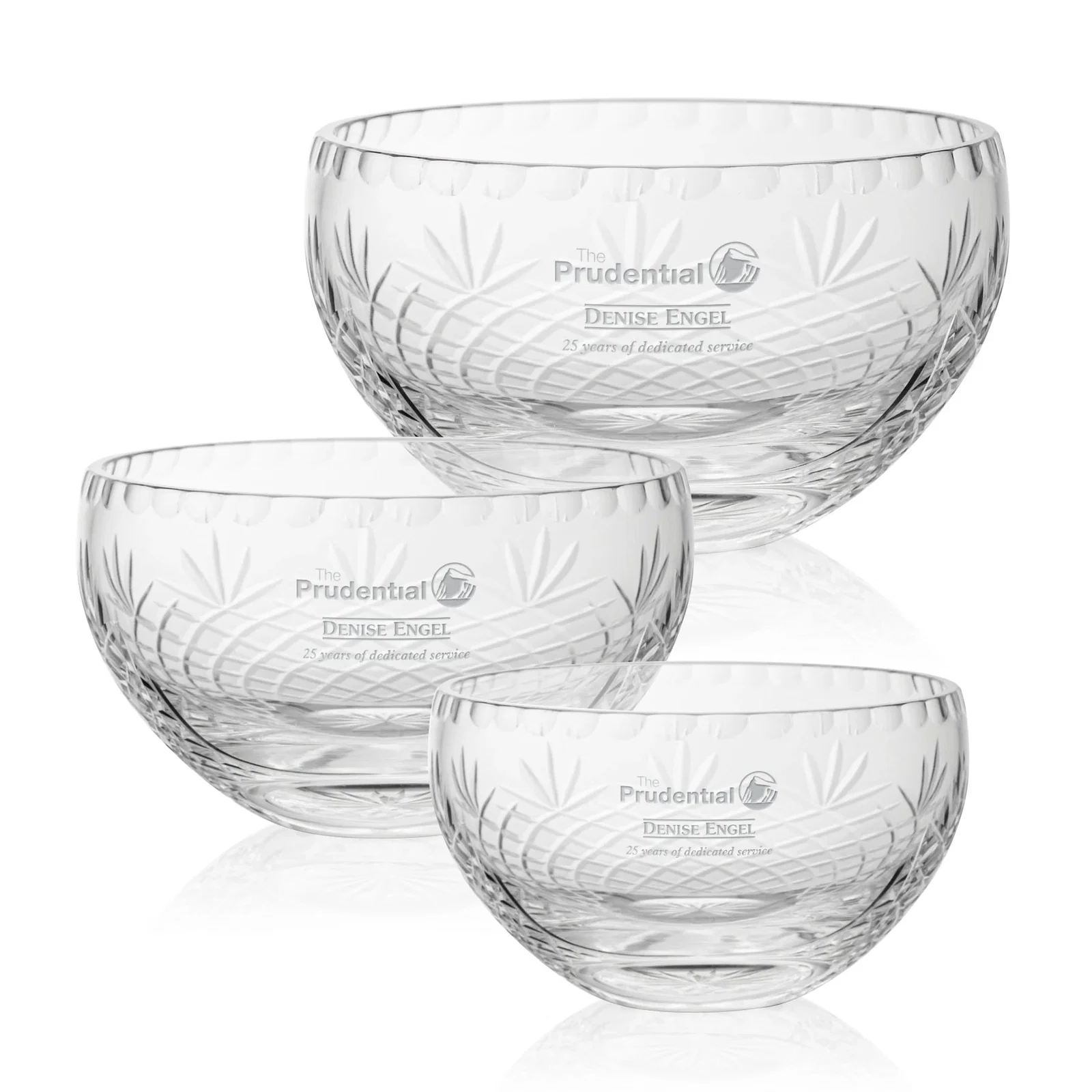 Custom Lead Crystal Bowl with All-Around Cut Facets and Front Panel for employee recognition