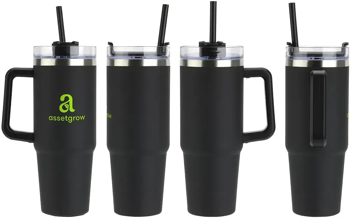 Promotional Medina 30 oz steel mug showing lid, top detail