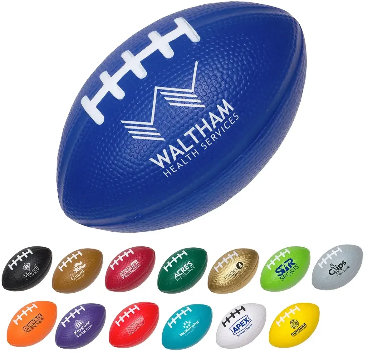 Custom Medium Football Stress Reliever, branded 4-inch football squeeze toy for sports teams, front view