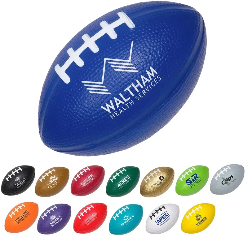 Custom Medium Football Stress Reliever, branded 4-inch football squeeze toy for sports teams, front view
