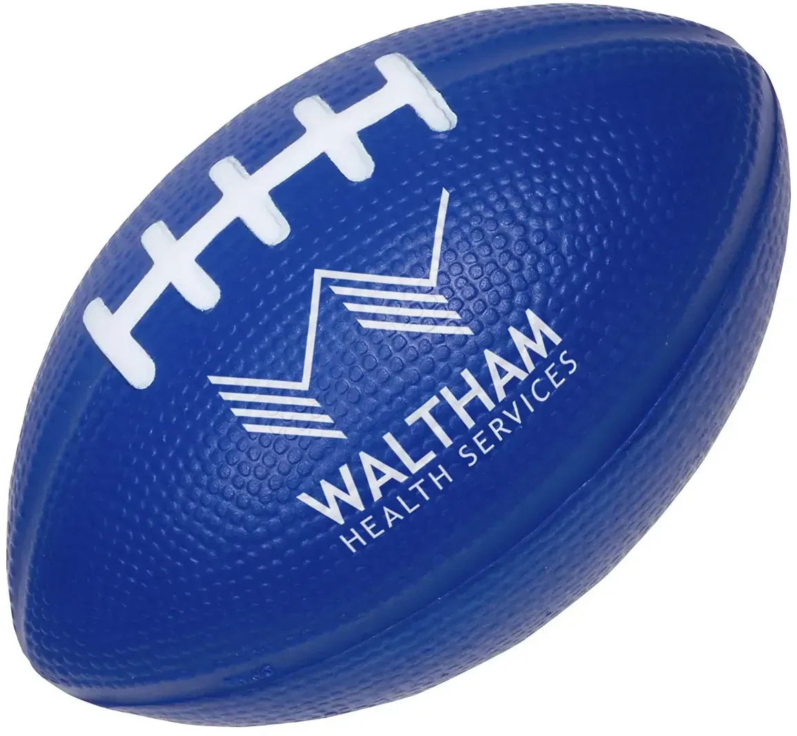 Branded Medium Football Stress Reliever shown from the side, promotional 4-inch football stress ball for game-day promos