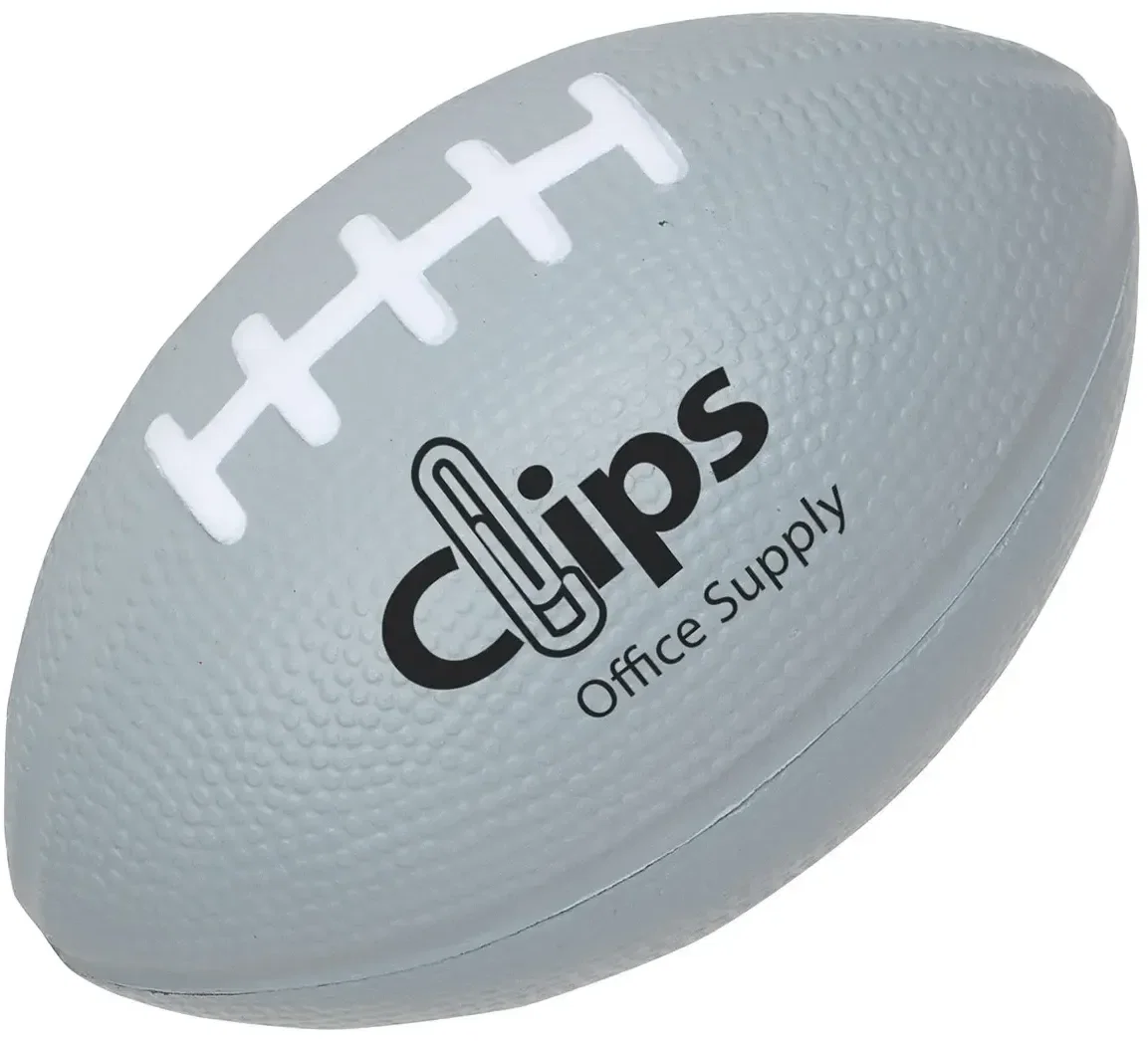Promotional Medium Football Stress Reliever end-on view, branded 4-inch football squeeze toy showing laces