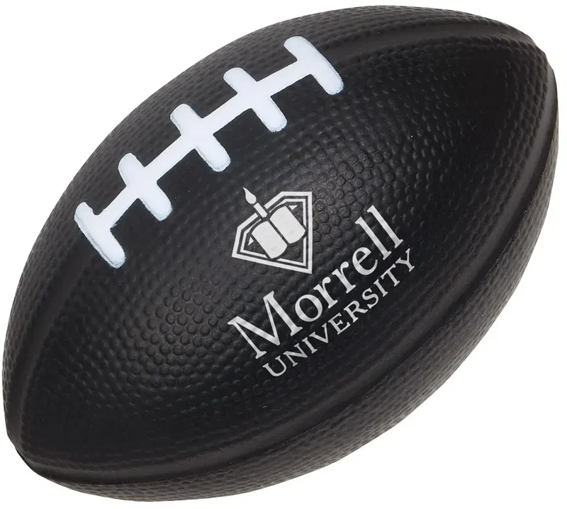 Custom Medium Football Stress Reliever squeezed in hand, branded 4-inch football stress ball in use