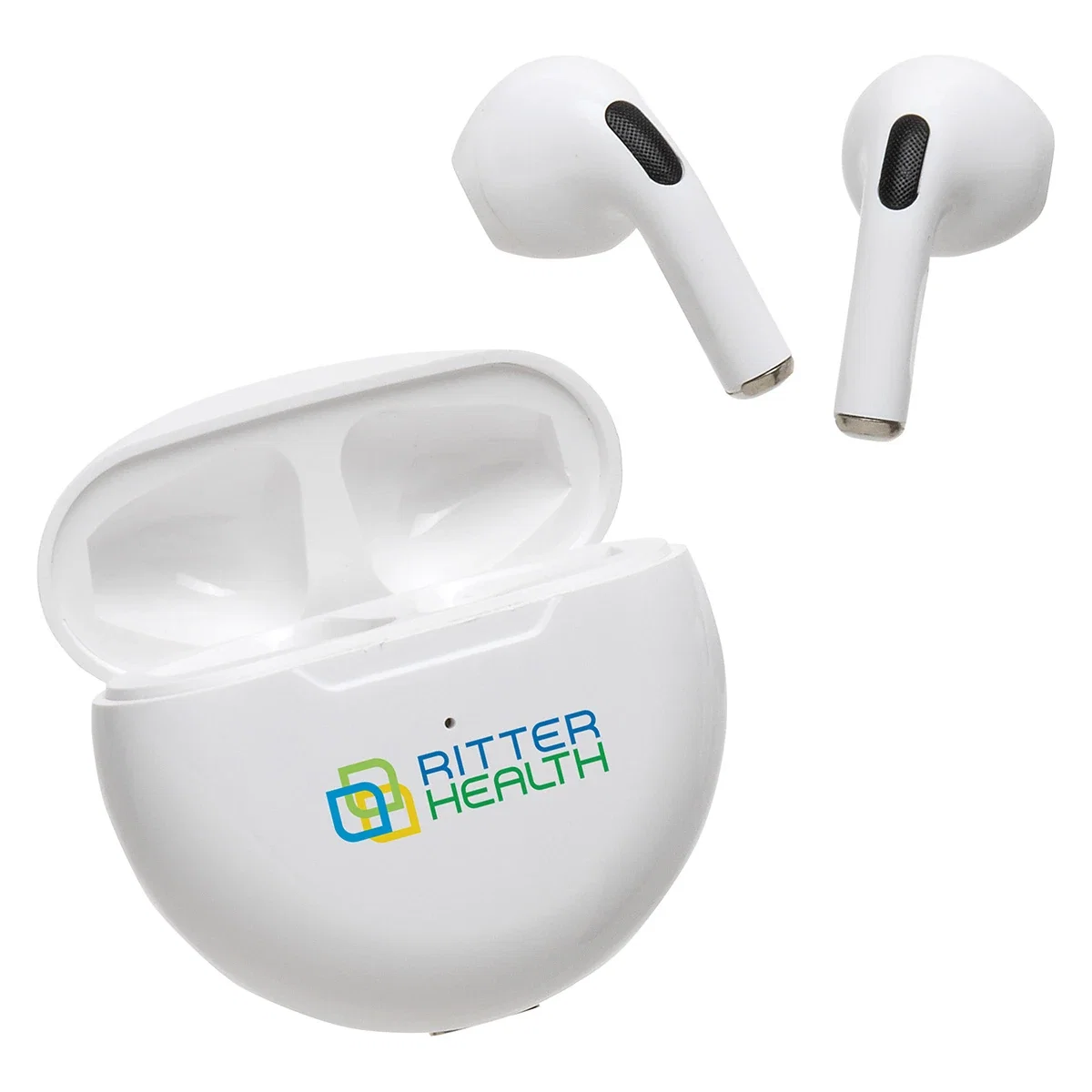 Custom Medley TWS earbuds, front view of the branded charging case