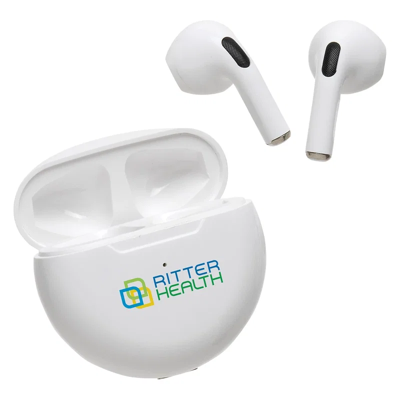 Custom Medley TWS earbuds, front view of the branded charging case