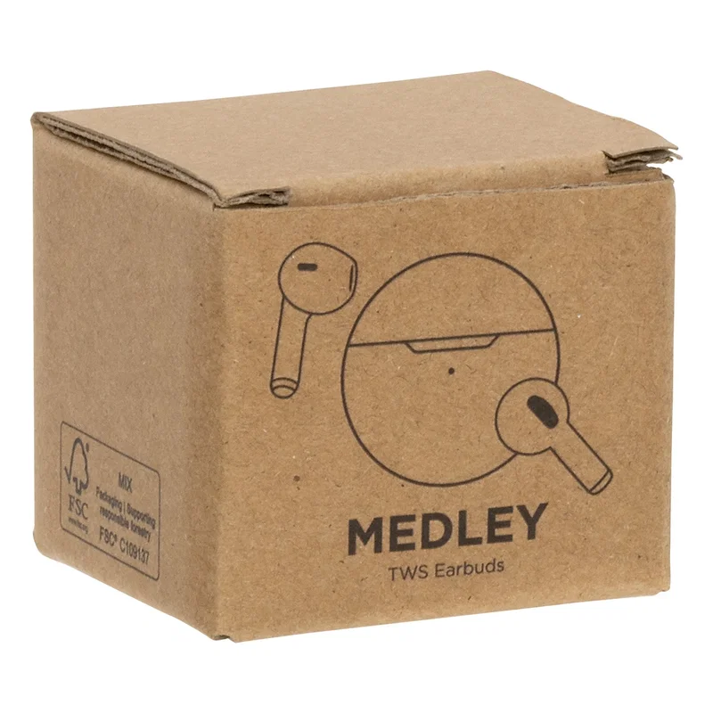 Promotional Medley TWS earbuds retail packaging, branded box shot