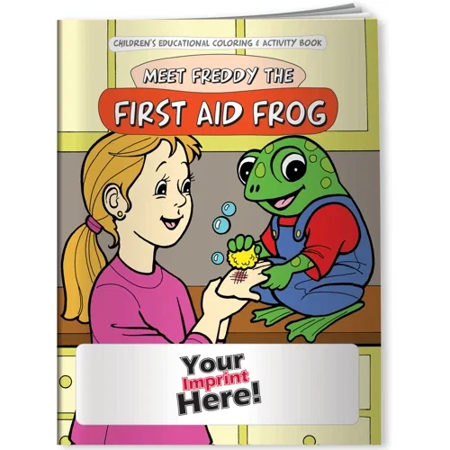 Meet Freddy the First Aid Frog coloring book front cover artwork, kids first aid educational theme