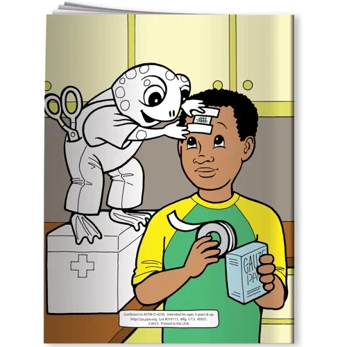 Meet Freddy the First Aid Frog coloring book interior pages ready for crayon coloring