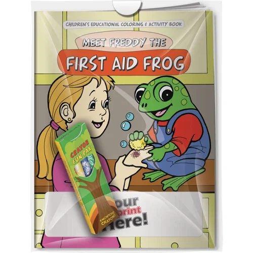 Meet Freddy the First Aid Frog coloring book and imprinted 4-pack crayons combo in poly bag