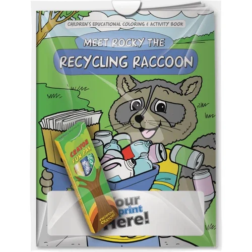 Meet Rocky the Recycling Raccoon coloring book and crayons combo pack, hero front view