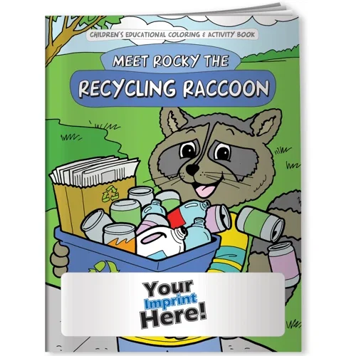 Rocky the Recycling Raccoon coloring book cover with cartoon raccoon, front page detail