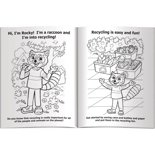 Recycling Raccoon coloring book interior page with recycling line-art to color, inside view