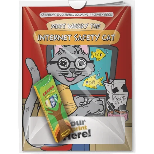 Meet Webby the Internet Safety Cat coloring book and crayons combo pack, front cover hero view