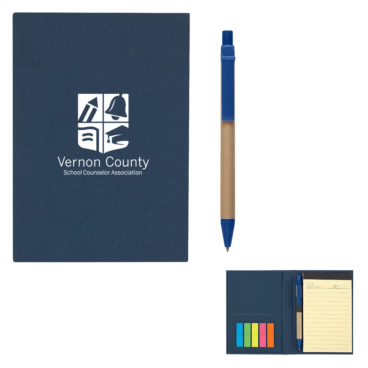 Pocket notebook bundled with a pen and sticky flags