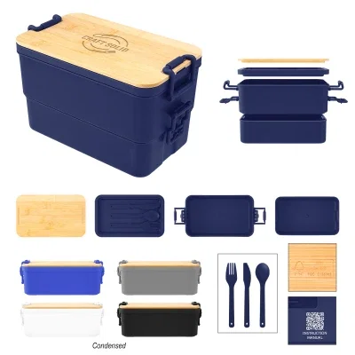 Stackable bento box topped with a natural wood lid