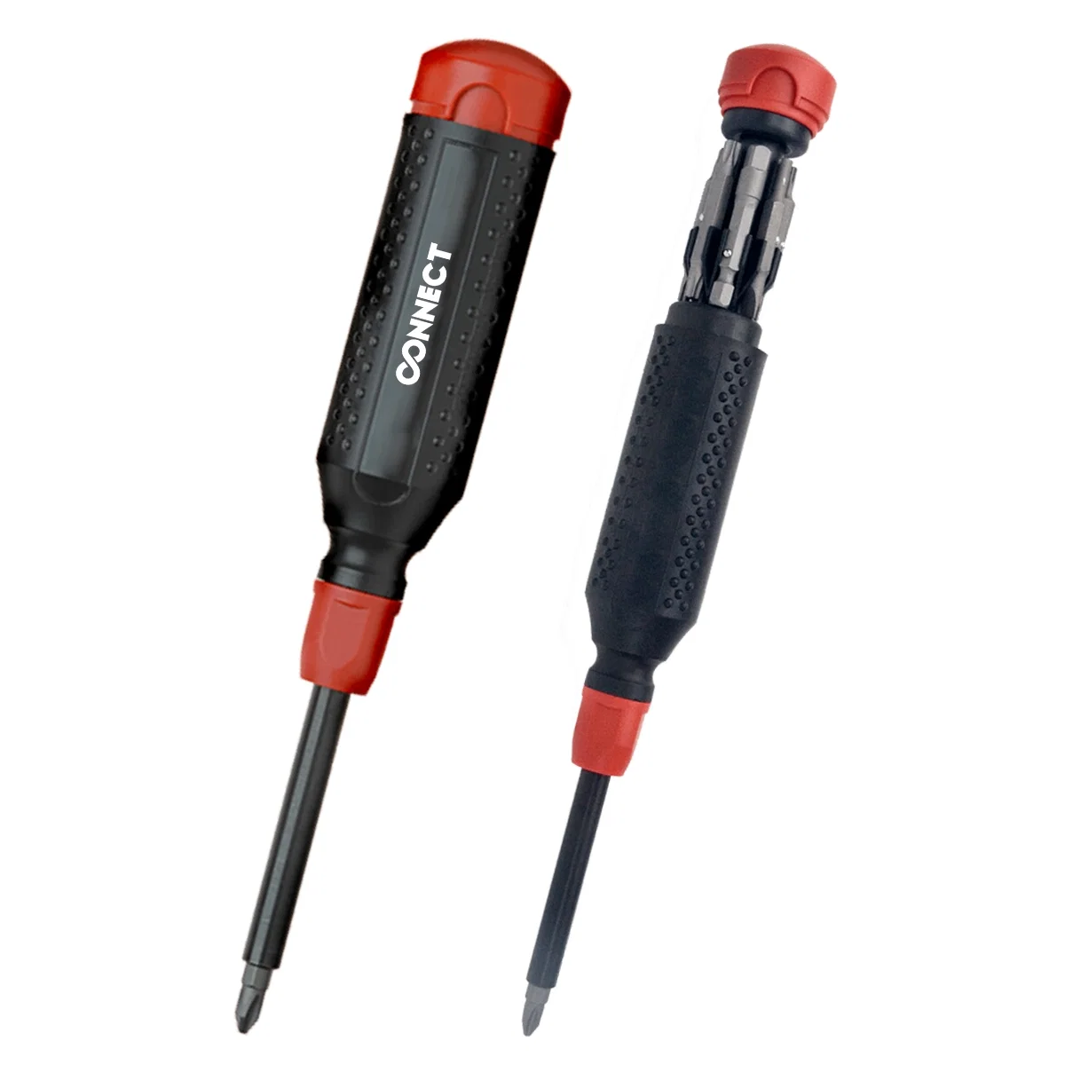 Multi bit screwdriver with a black handle, closed at nearly nine inches