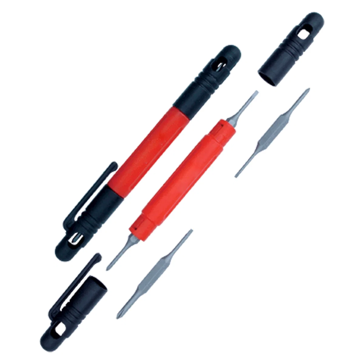 Four in one pocket screwdriver with a red handle, five inches closed