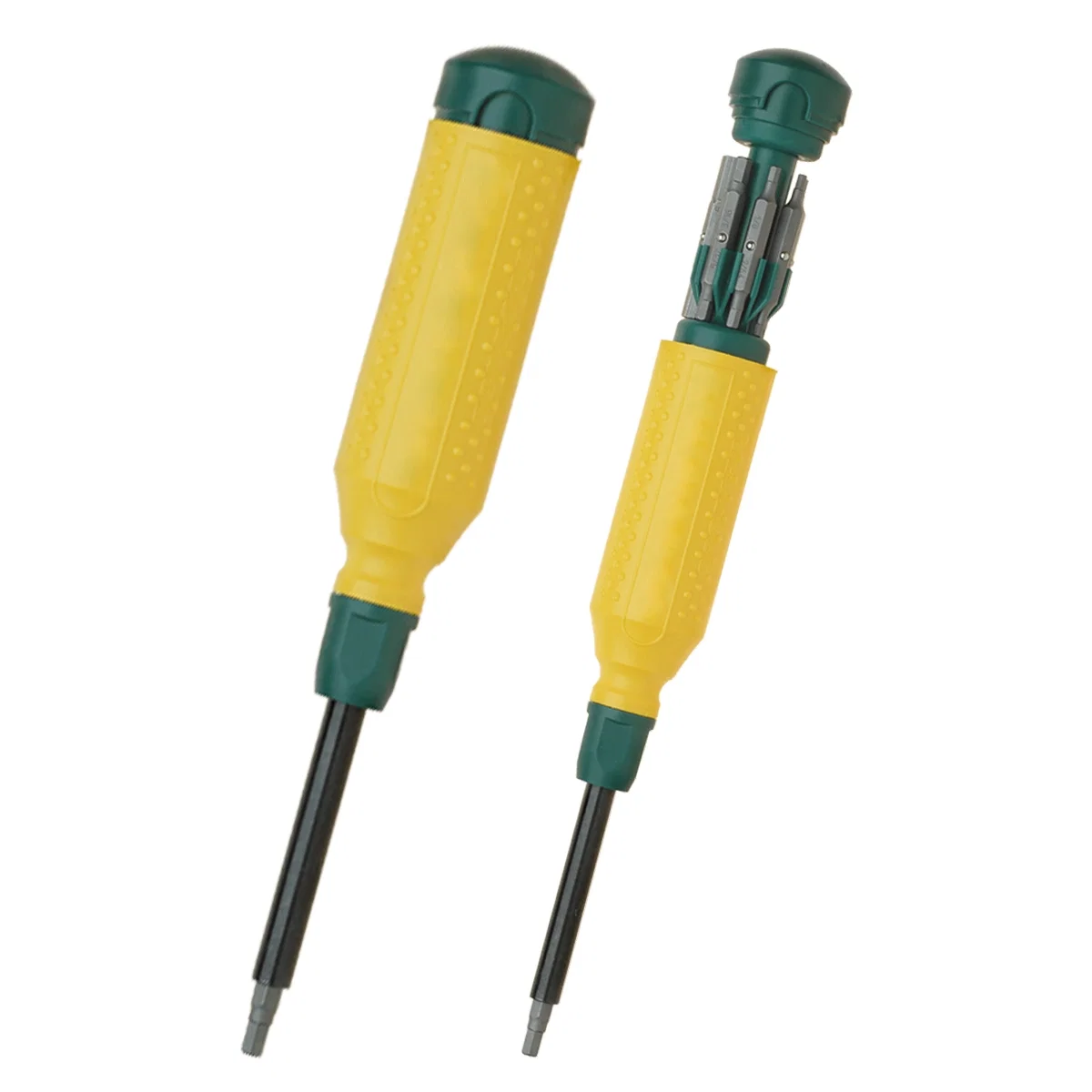 Fifteen in one multi-bit screwdriver measuring eight inches closed