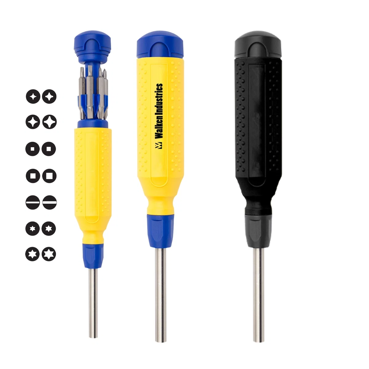 Stainless steel multi-bit screwdriver shown closed at nearly nine inches
