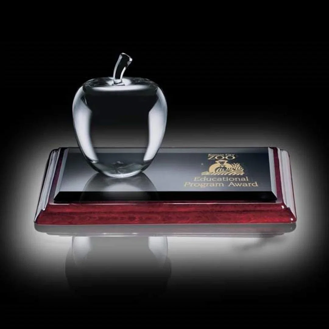 Custom Optical Crystal Apple Paperweight Award on a Rosewood Base, desk awards for employee recognition
