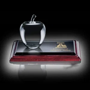 Optical Crystal Apple Paperweight Award on a Rosewood Base