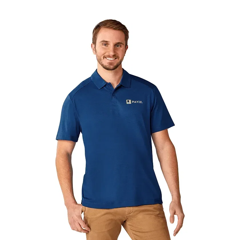 Personalized Men's AMOS Eco Short Sleeve Performance Polo being worn