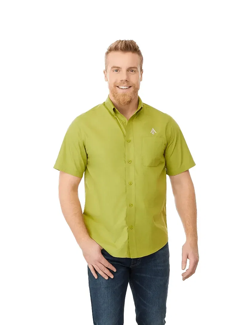 Custom Men's COLTER Short Sleeve Button Up Shirt - 0.64oz. being worn