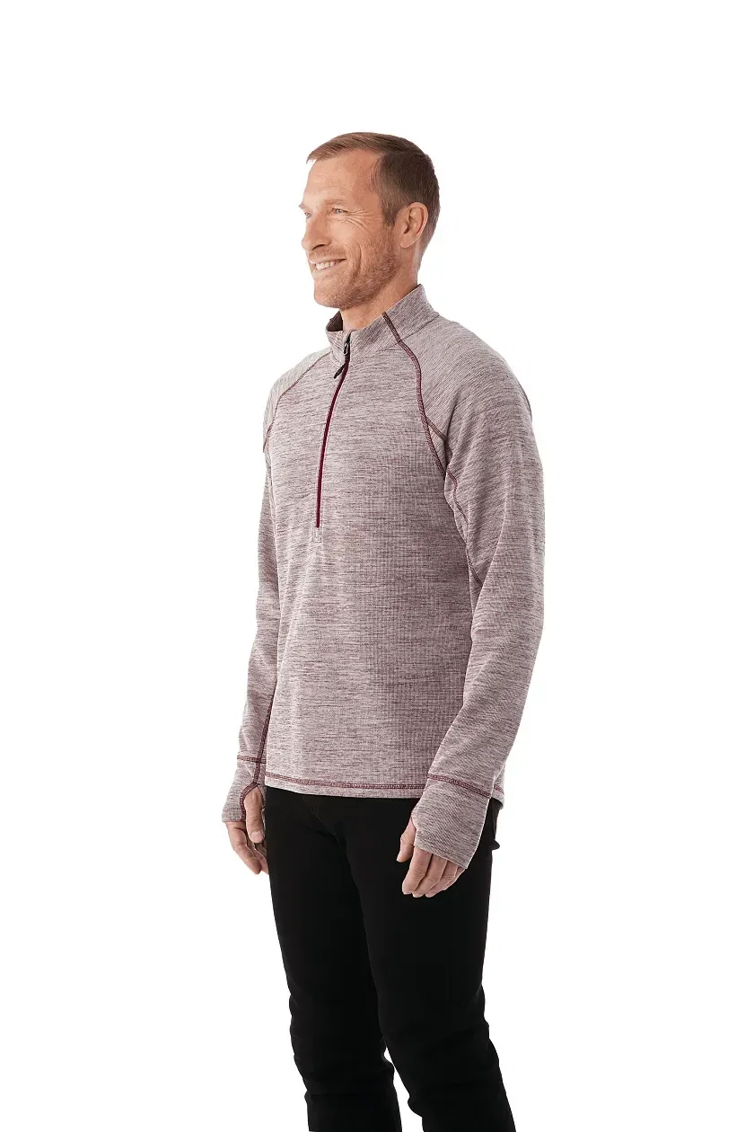 Custom Men's Performance Knit Half Zip Sweater with Thumb Holes being worn