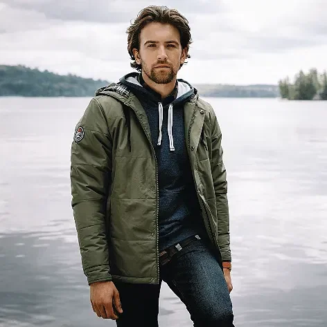 Gravenhurst Roots73 Lightweight Insulated Men's Jacket with Hood being worn