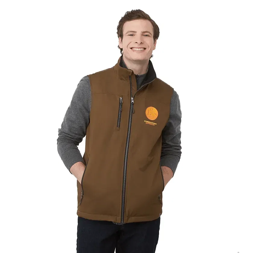 Branded Men's Eco Sherpa Fleece Lined Vest being worn