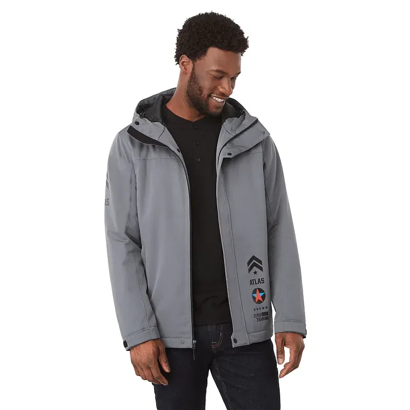 Promotional Men's Insulated Eco Water-Repellent Jacket with Hoodie being worn