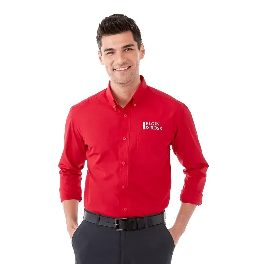Custom Men's Preston Long Sleeve Button Up Shirt being worn