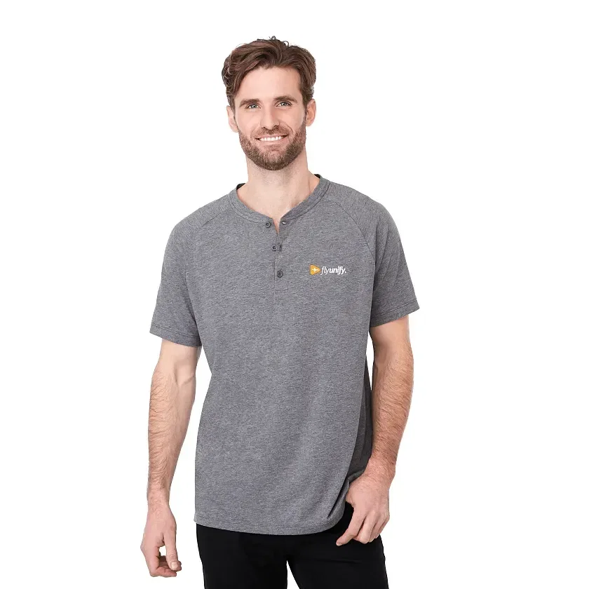 Branded Eco-Friendly Men's Short Sleeve Henley - SOMOTO being worn