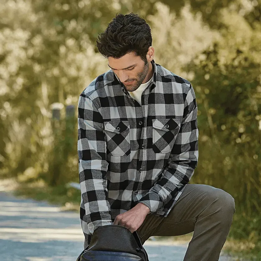 Custom Branded Roots73 Men's Long Sleeve Flannel Shirt in use