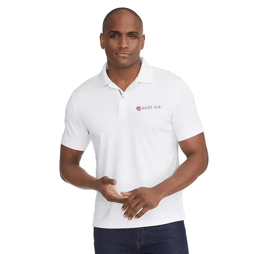 Custom UNTUCKit Damaschino Wrinkle-Free Short Sleeve Polo for Men being worn