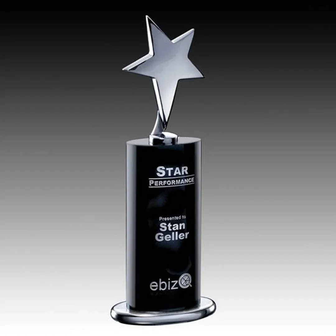 Custom Chrome Cast Metal Star Award on Black Crystal Base for employee recognition