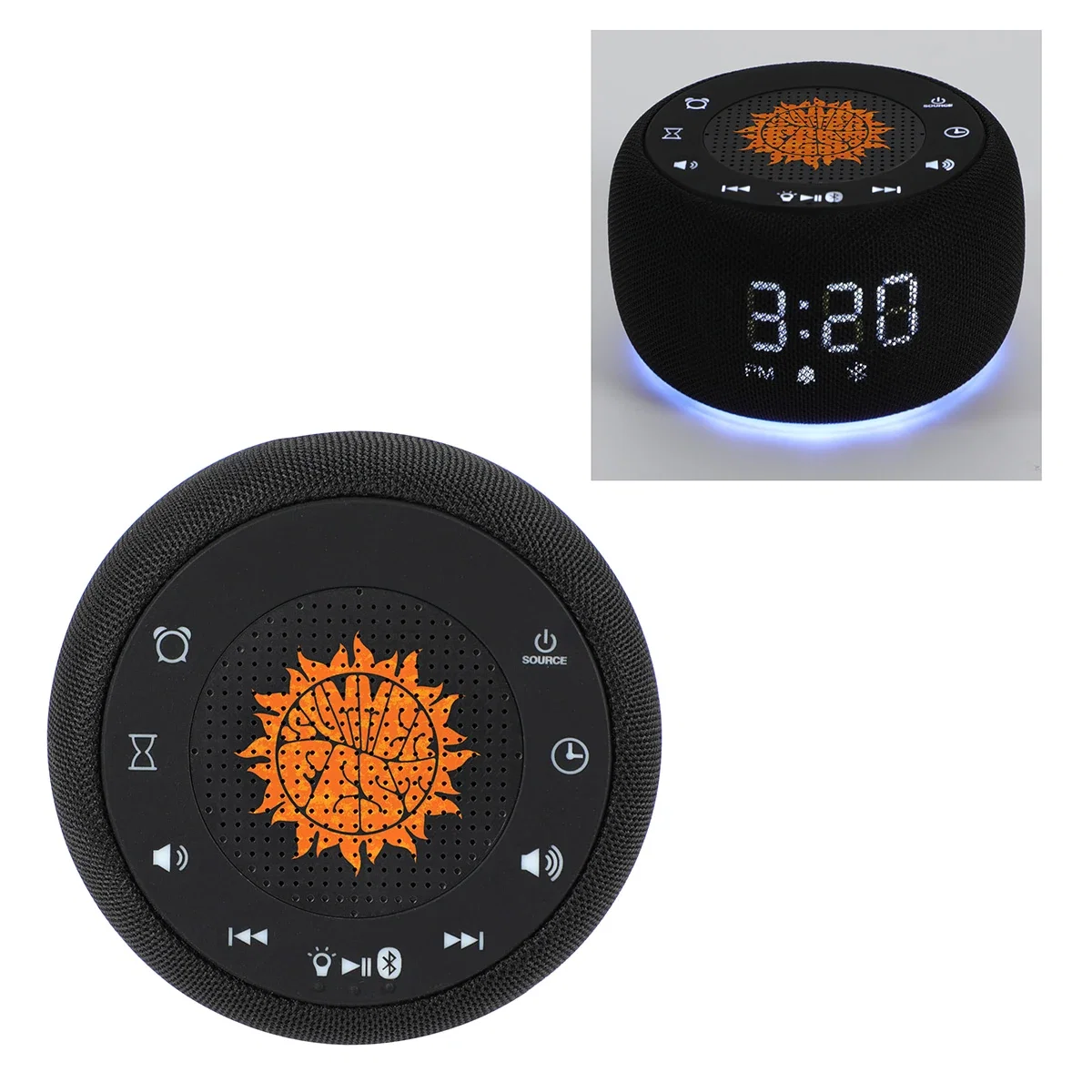 Custom Meridian Digital Clock with Wireless Speaker, front view of the branded clock speaker