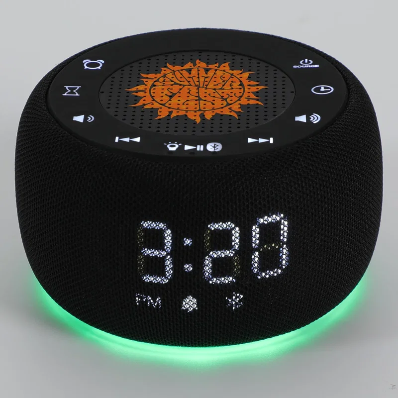 Meridian Digital Clock with Wireless Speaker on a nightstand, bedside lifestyle shot