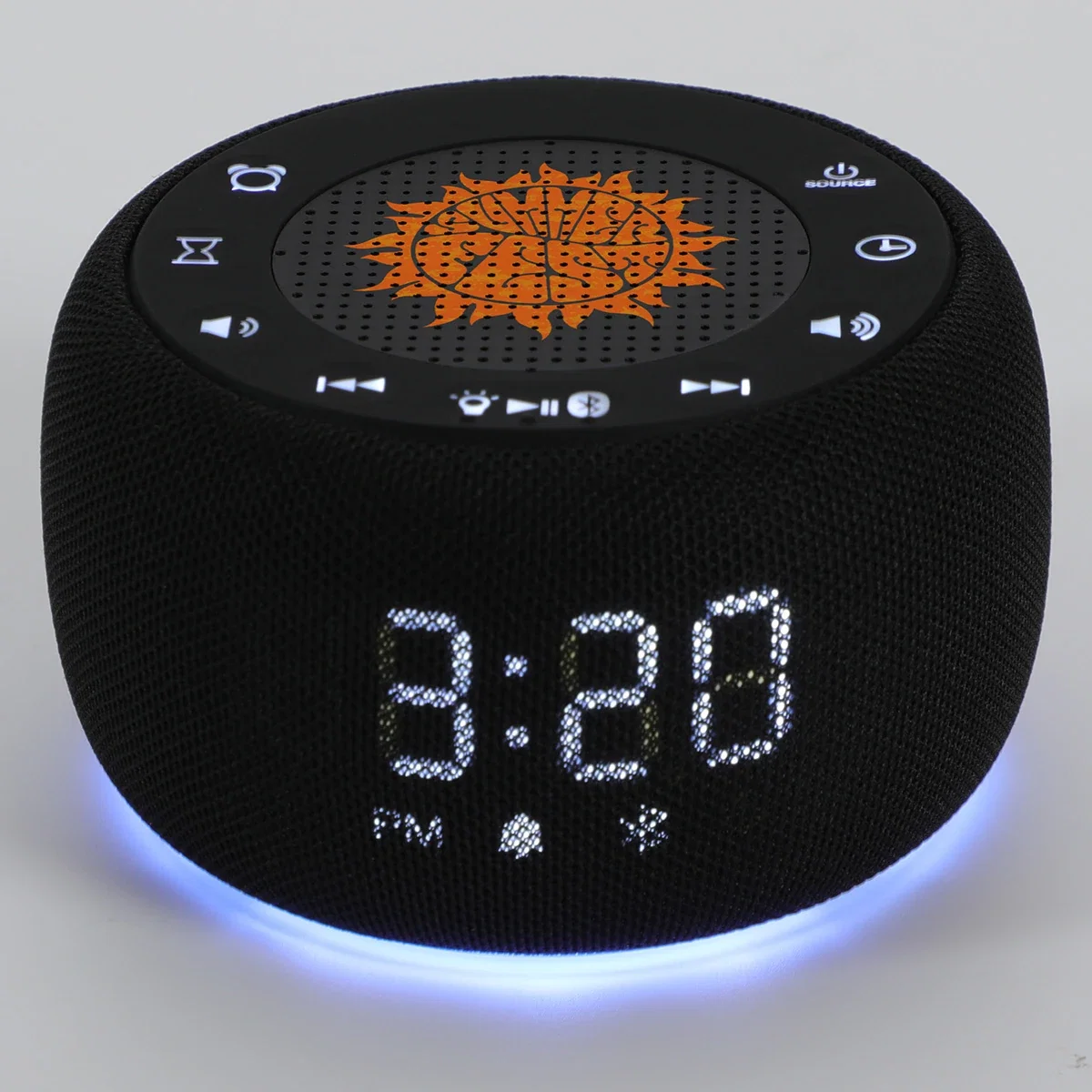 Angled view of the custom Meridian Digital Clock and Wireless Speaker