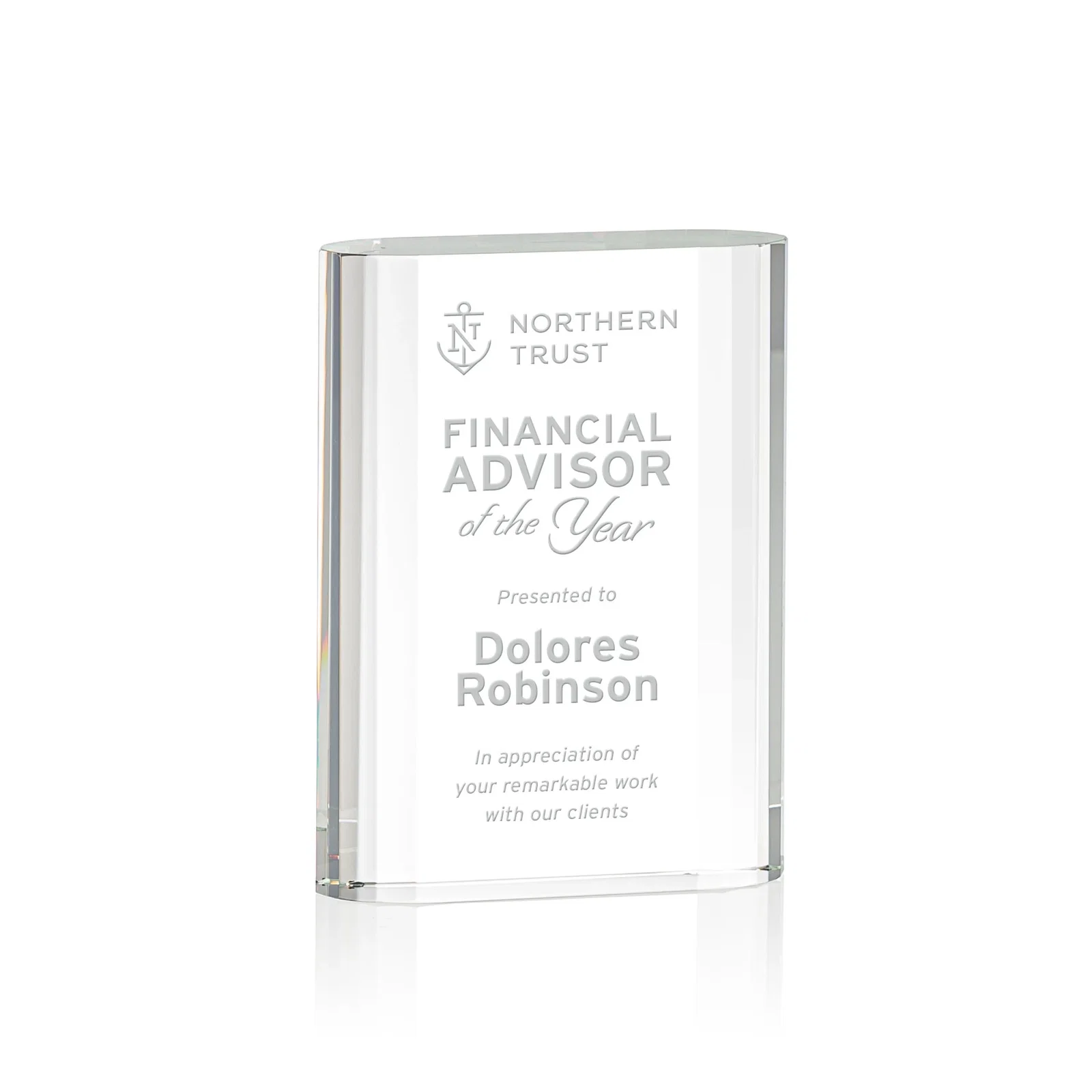 Custom Optical Crystal Award With Stepped, Faceted, Curved Sides, awards for service anniversary gifts