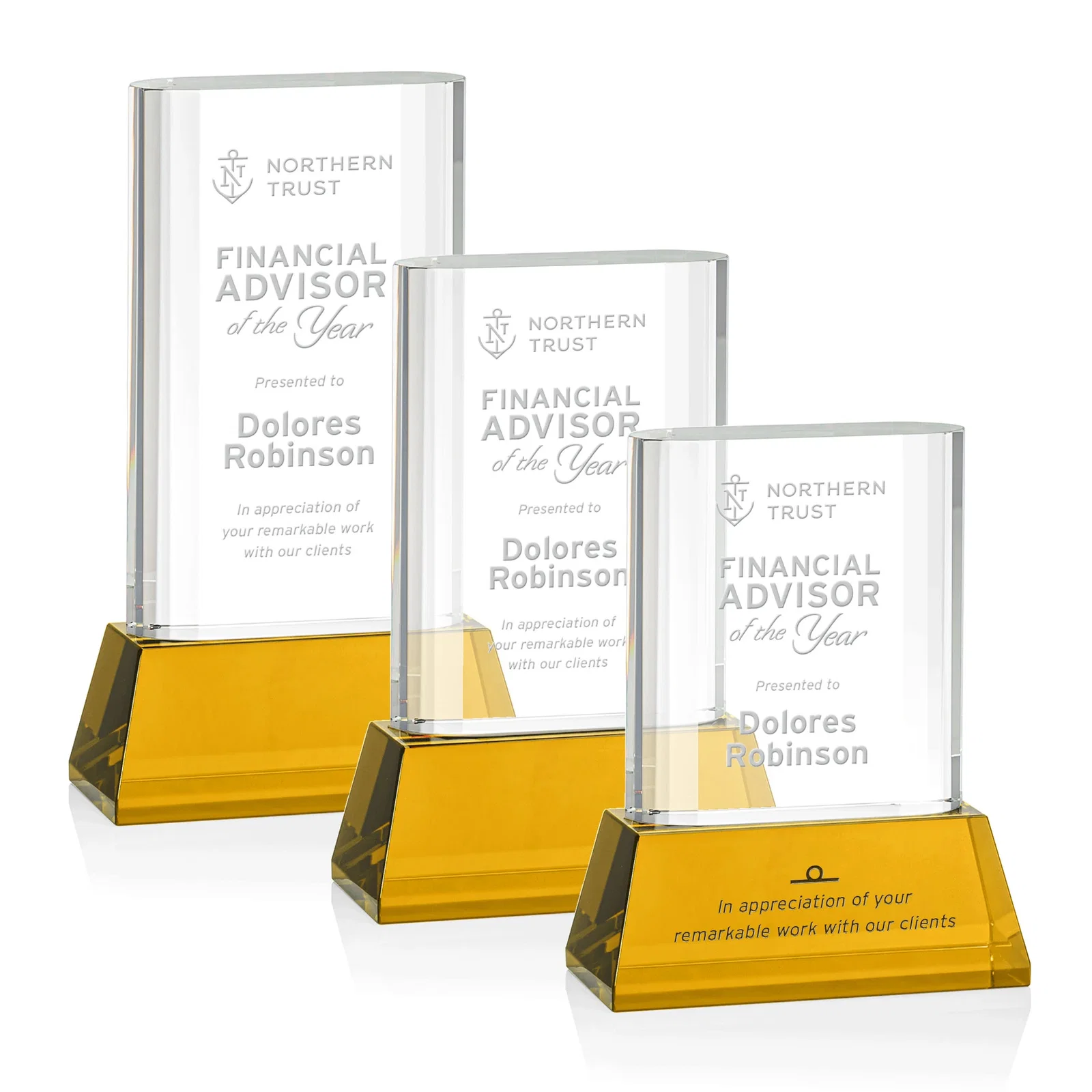 Custom Optical Crystal Award with Stepped Faceted Sides on Tall Tapered Base, awards for employee recognition