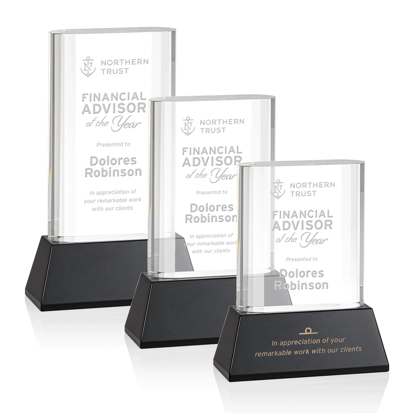 Personalized Optical Crystal Award with Stepped Faceted Sides on Tall Tapered Base, awards for employee recognition