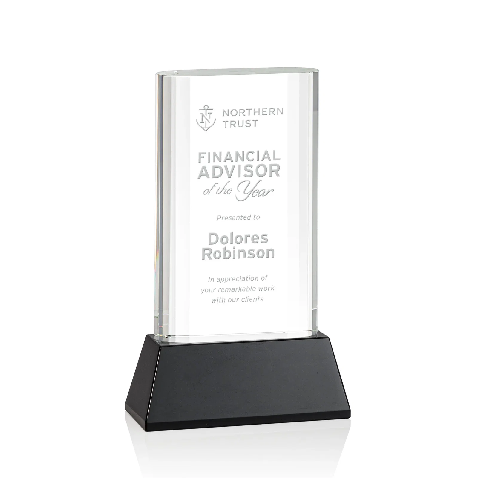 Personalized Optical Crystal Award with Stepped Faceted Sides on Tall Tapered Base, awards for sales achievement awards