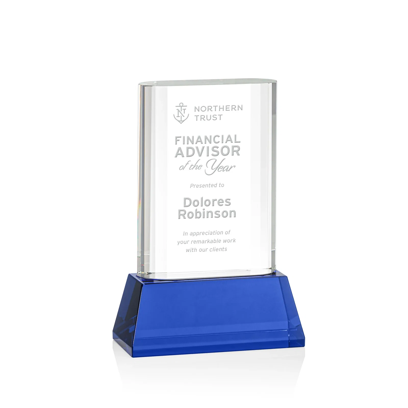 Personalized Optical Crystal Award with Stepped Faceted Sides on Tall Tapered Base, awards for donor appreciation