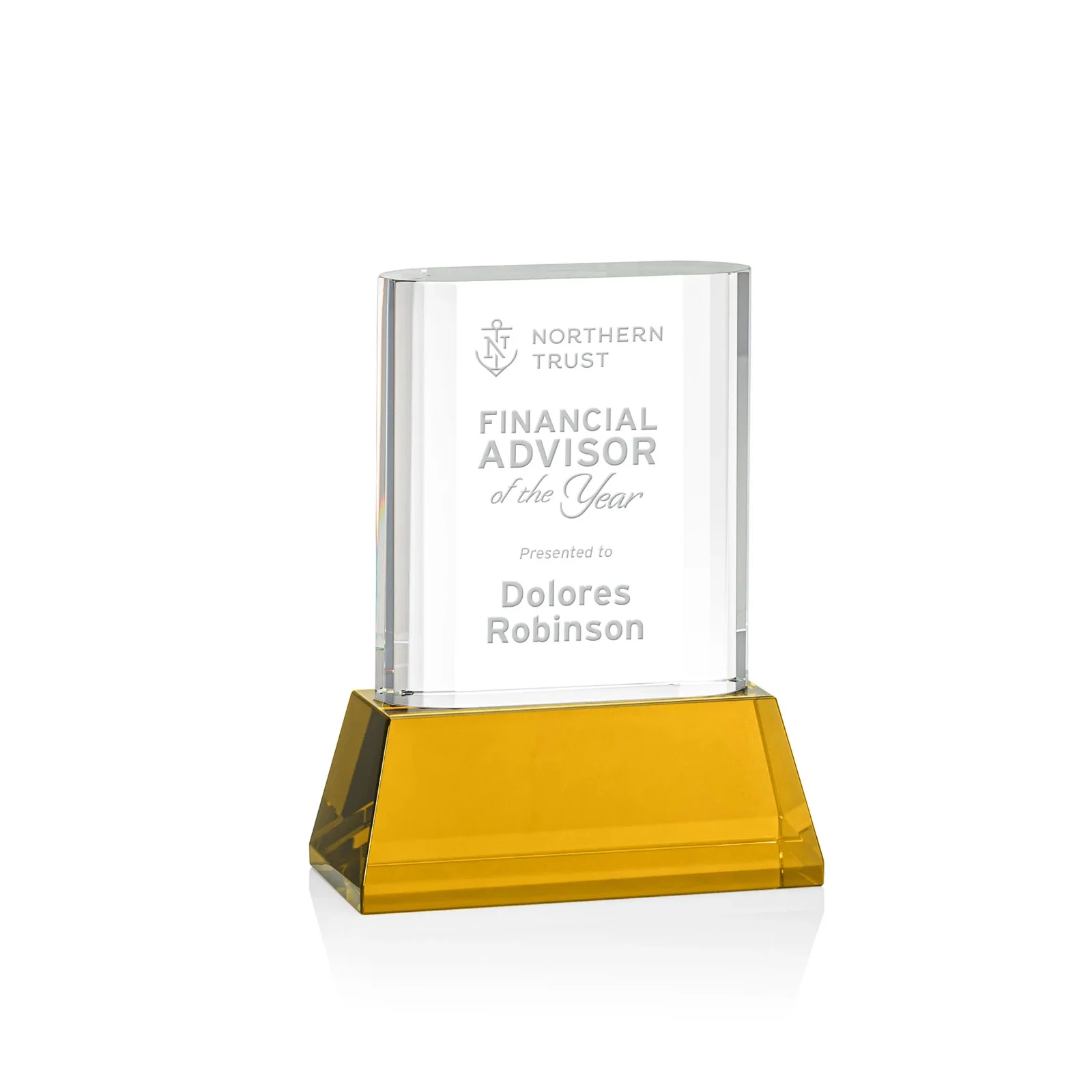 Custom Optical Crystal Award with Stepped Faceted Sides on Tall Tapered Base, awards for corporate award ceremonies