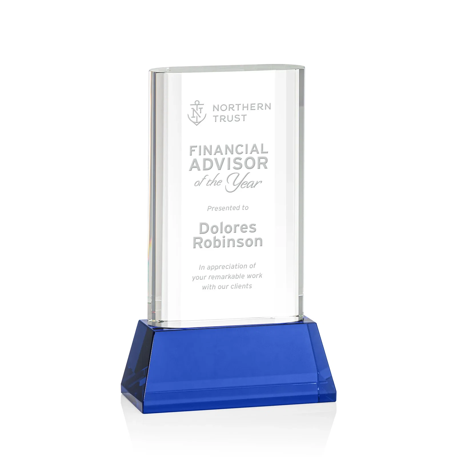Personalized Optical Crystal Award with Stepped Faceted Sides on Tall Tapered Base, awards for graduation ceremonies