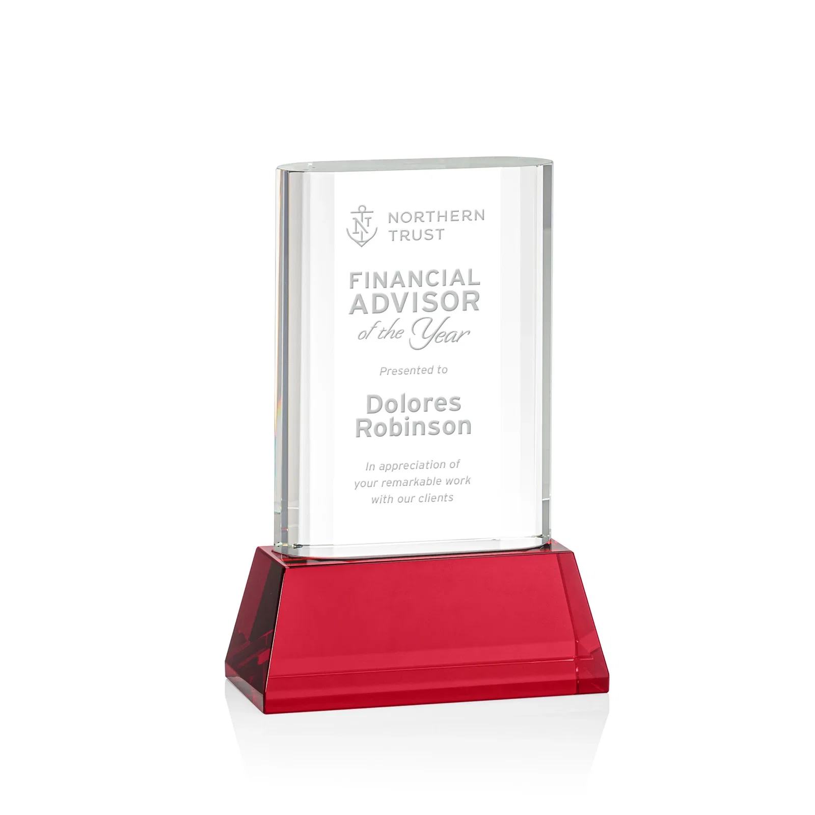 Personalized Optical Crystal Award with Stepped Faceted Sides on Tall Tapered Base, awards for dealer and partner awards