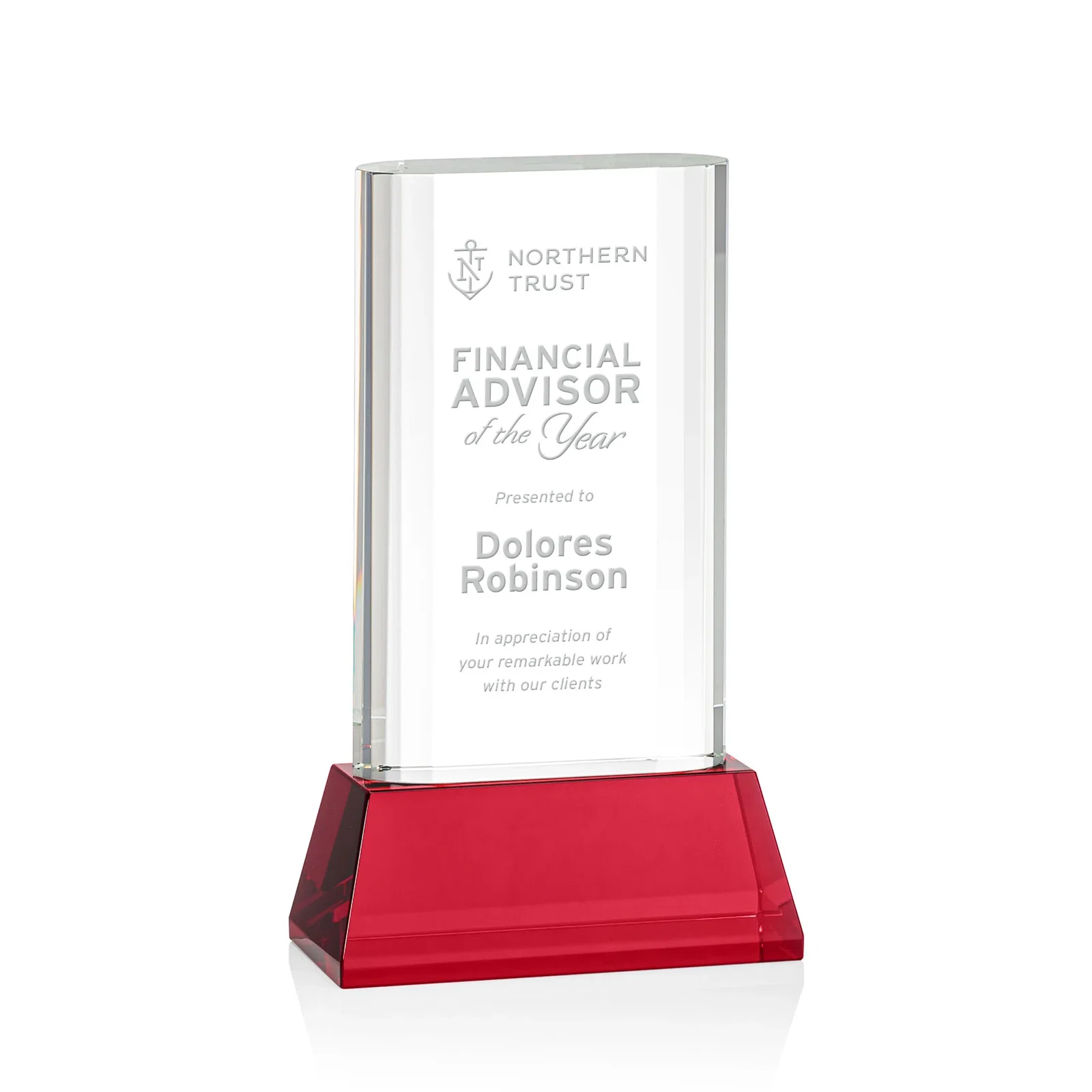 Personalized Optical Crystal Award with Stepped Faceted Sides on Tall Tapered Base, awards for company anniversary events