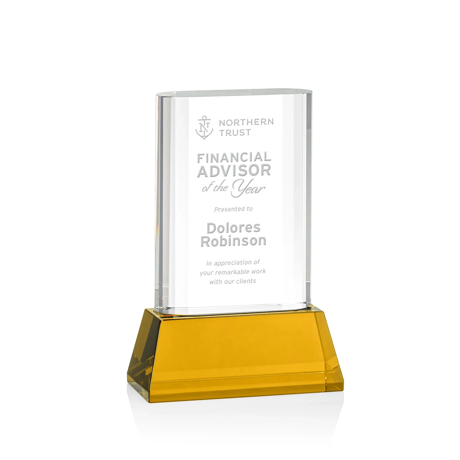 Custom Optical Crystal Award with Stepped Faceted Sides on Tall Tapered Base, awards for service anniversary gifts